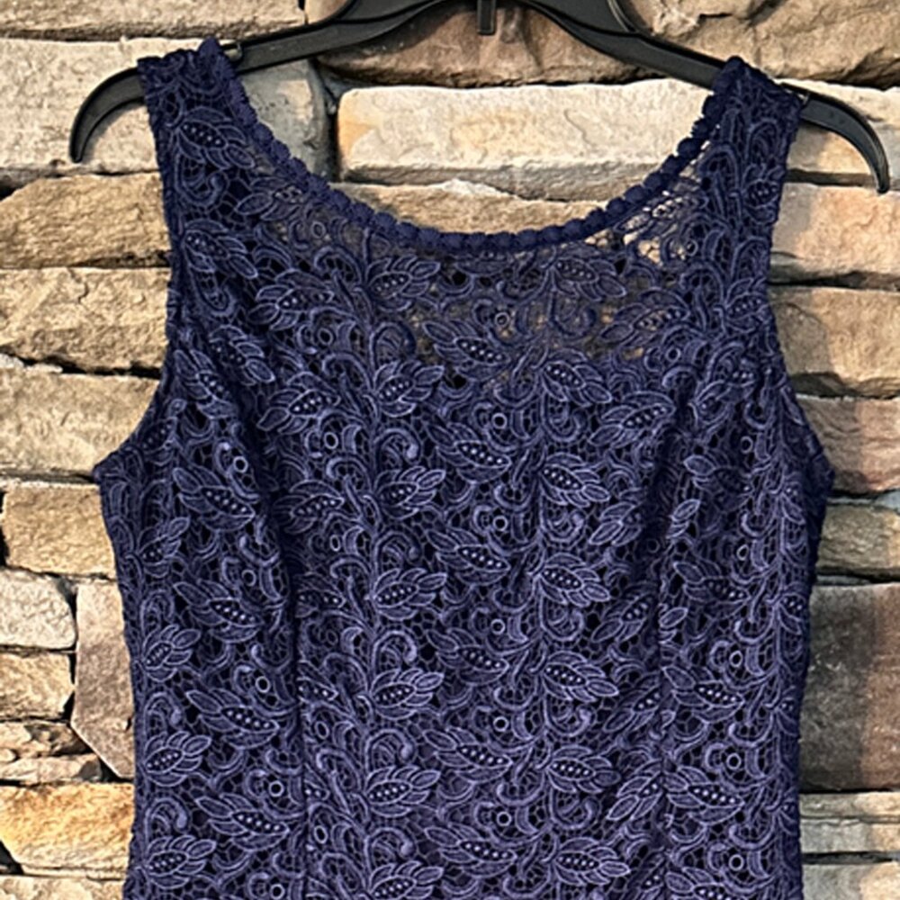 White House | Black Market Blue Midi Lace Sheath Dress Size 8